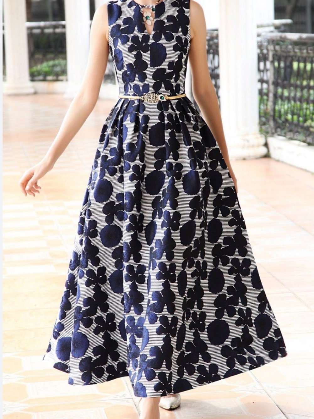 Sleeveless Navy Floral A-Line Maxi Dress